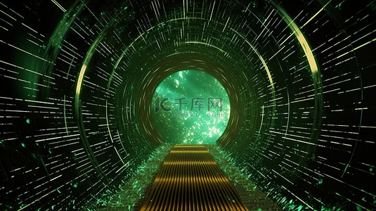 绿色背景下具有动态能量流的未来派 3D 门户抽象线框隧道