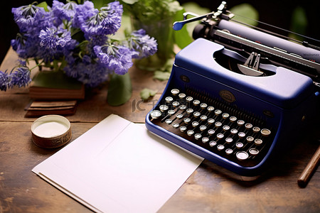 打字机和笔坐在鲜花旁边的桌子上