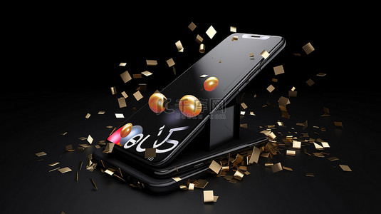 带礼品卡礼品盒球和五彩纸屑的智能手机黑色背景上令人惊叹的 3d 图像