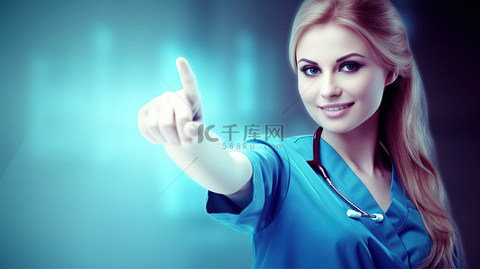 制服展示背景图片_3D 合成图像展示了优雅的护士指点