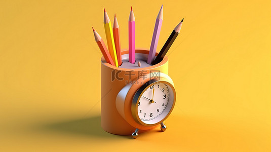 卡通风格日历时钟和铅笔设计的 3D 渲染