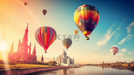 出国旅行背景图片_地标建筑物热气球假期旅行广告背景