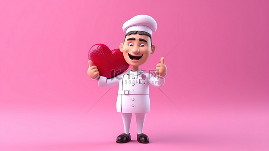 可爱的厨师面包师或咖啡师，带有迷你心形语音气泡和竖起大拇指的姿势，在粉红色背景上进行 3D 渲染