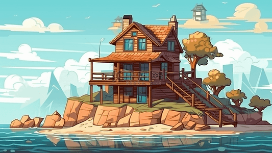 房子海边插画背景