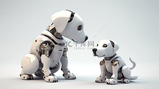 白色背景渲染中的可爱 3d 机器人和狗机器人