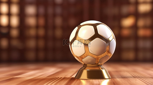 冠军奖杯金奖，棕色背景 3D 渲染上的白色皮革足球