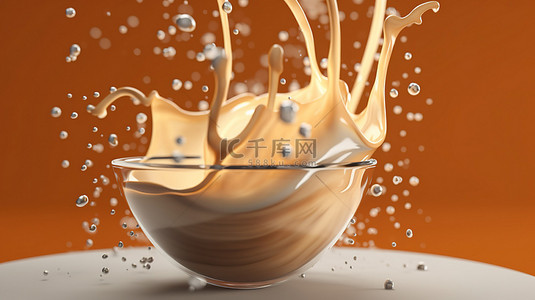 奶油圈背景图片_拿铁咖啡滴在令人惊叹的 3D 渲染中产生涟漪