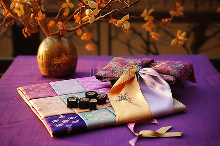 中国婚礼背景图片_桌子上有一本中国日历，旁边是手帕和腰带
