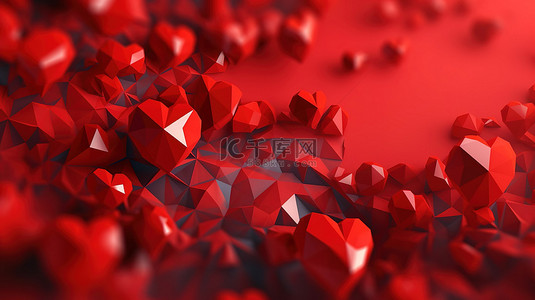 聚力融合背景图片_具有红心形状的低聚红色背景的 3d 插图