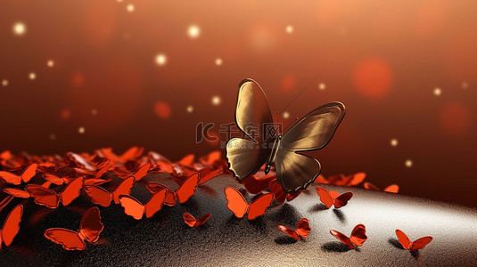 镀金的蝴蝶和深红色的心在外太空 3d 渲染
