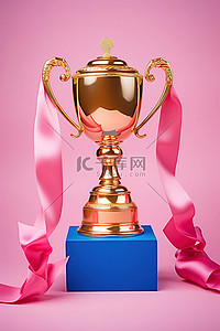 铜奖奖杯金丝带蓝色背景优质免版税和代码 5395347099