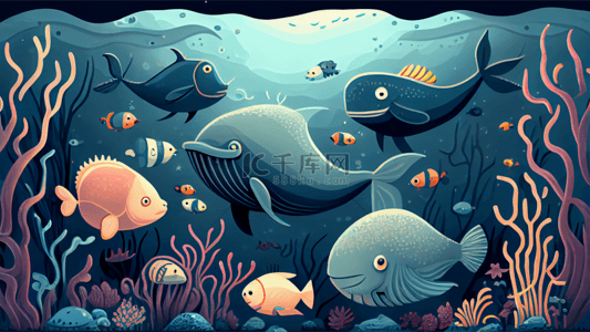 珊瑚卡通背景图片_海底世界鱼类插画背景