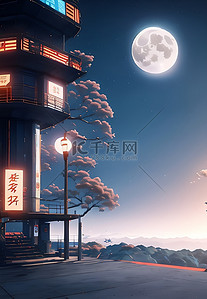 月亮夜晚背景背景图片_月亮桃树背景