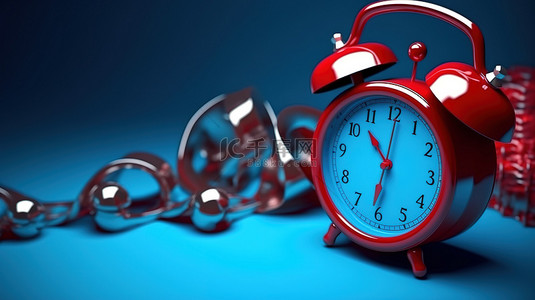 蓝色组织者的 3D 渲染，环周对齐并漂浮在日历上的红色手表和响铃附近