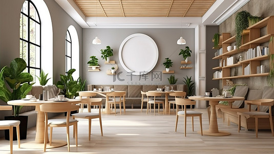 客餐厅空间背景图片_咖啡馆或餐厅现代用餐空间的完美 3D 渲染