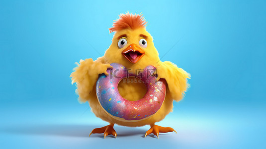 农场鸡背景图片_有趣的 3D 鸡卡通拿着美味的甜甜圈