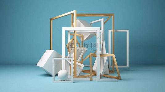 金色方形背景图片_现代艺术金色方形框架，具有原始几何形状和蓝色背景 3d 渲染上的白色腿