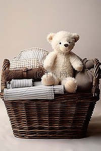 拿着毛巾背景图片_篮子里的泰迪熊拿着篮子和玩具