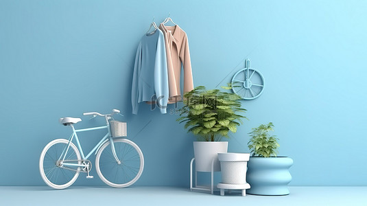 推土机卡通背景图片_柔和的蓝色抽象场景衣服挂在椅子自行车和花盆上 3d 渲染