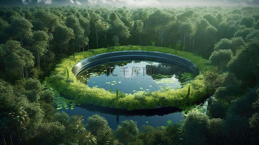 二氧化碳排放背景图片_在 3D 渲染的翠绿森林中生态友好地制造工厂形状的池塘