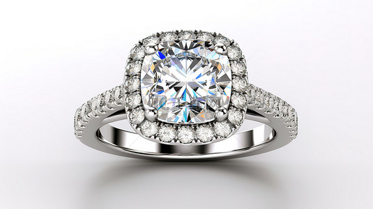 光环订婚戒指的 3D 渲染，带有垫形切割钻石中心和柄上的三线宝石