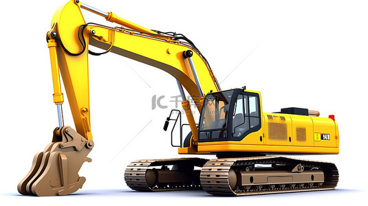 施工背景图片_白色背景下大型黄色挖掘机的 3d 渲染