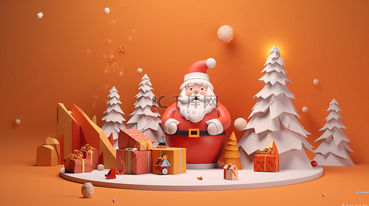 卡通金色背景背景图片_圣诞老人圣诞树和节日横幅上的礼物的 3D 插图