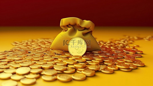 3D 渲染的金币袋，带有充满活力的美元符号和背景