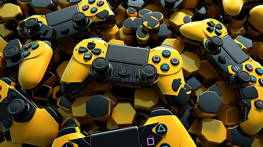 3D 渲染背景，具有数字艺术中的黑色和黄色游戏手柄