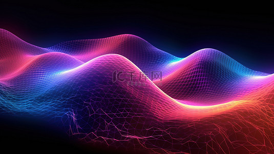 字效果背景图片_3D 抽象波网格中的霓虹灯网格光效果