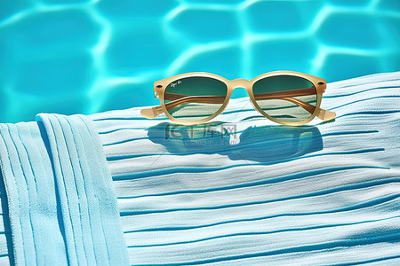 泳池边的夏季毛巾，配有太阳镜和字母 s