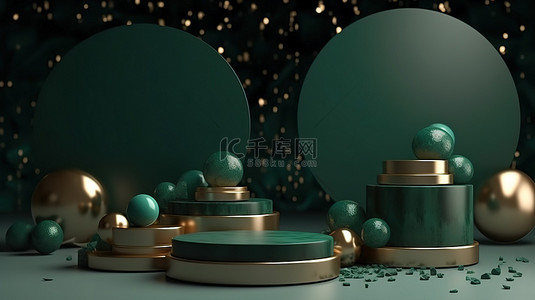 暗紫金背景图片_奢华的 3D 庆祝周年纪念产品展示，带有深绿色和金色的点缀