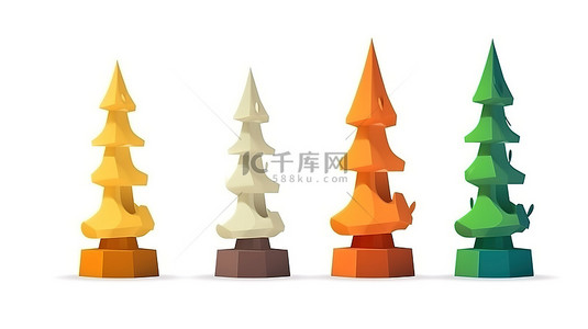 各种树木，具有堆叠的杯状脊柱和 Popcide 树，充满活力的 3D 图像，纯色
