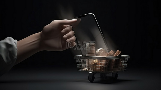 矢量电话背景图片_在线购物和交付概念矢量插图，一只手拿着购物袋和硬币与 3d 渲染智能手机