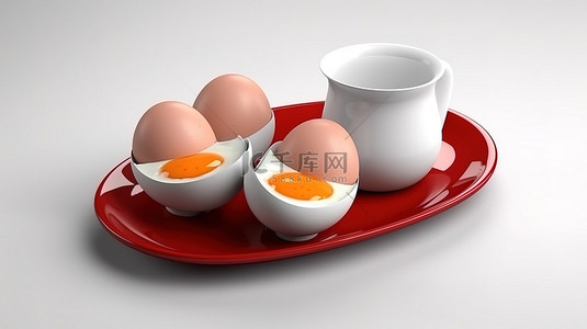 单色平面红色 3D 早餐图标，以煎蛋和煮蛋为特色