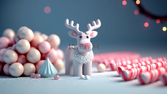 节日圣诞节主题的 3D 插图，配有驯鹿雪花和糖果手杖，具有充足的复制空间