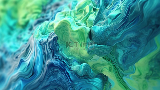 蓝绿色流体抽象背景的迷人 3D 渲染