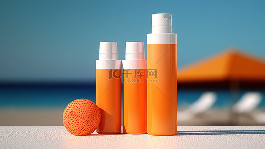 美容夏季背景图片_防护防晒霜和舒缓晒伤的晒后护理产品的 3D 插图