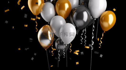 金色和银色气球上的箔纸屑阵雨，黑色背景上有 3D 渲染的空白横幅