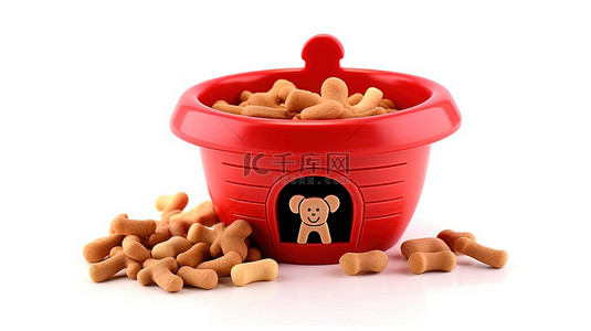 狗粮插画背景图片_木制狗屋和白色背景上带有狗咀嚼骨的红色塑料碗的 3D 渲染图像