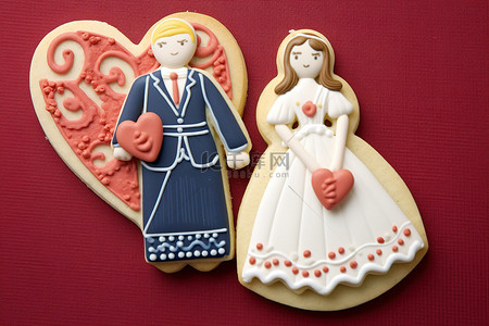 两个穿着婚礼服装的人物出现在装饰过的饼干上