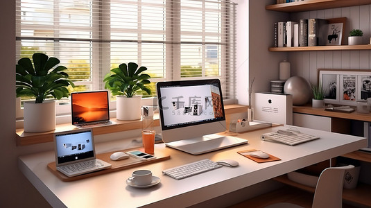 用户设置背景图片_家庭办公室设置中响应设备的 3D 渲染