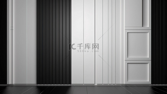 黑材料背景图片_现代黑墙与 3D 渲染的白色木镶板设计