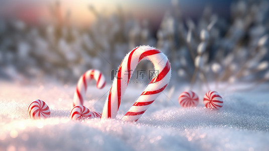 圣诞糖果拐杖背景图片_雪背景与 3D 渲染的圣诞拐杖糖