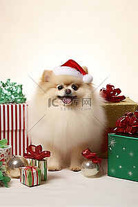 剪纸帽子花背景图片_博美犬与圣诞老人杯和礼物