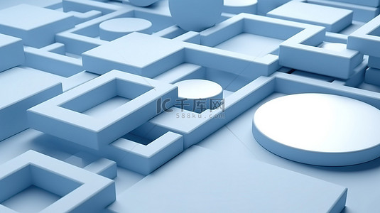 蓝色工作室地板装饰着 3D 渲染的白色几何形状