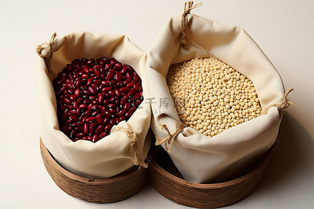 豆类背景图片_三袋吉利种子豌豆和豆类放在木篮里