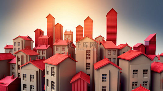 房地产市场经历上升趋势，上升箭头和横幅背景 3D 渲染