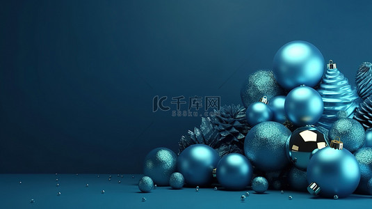 蓝色背景 3d 渲染圣诞装饰品