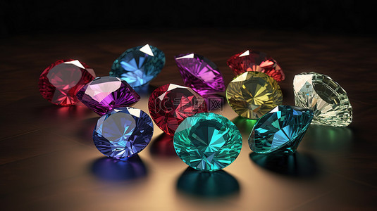 各种宝石形状的钻石彩色宝石的 3D 渲染